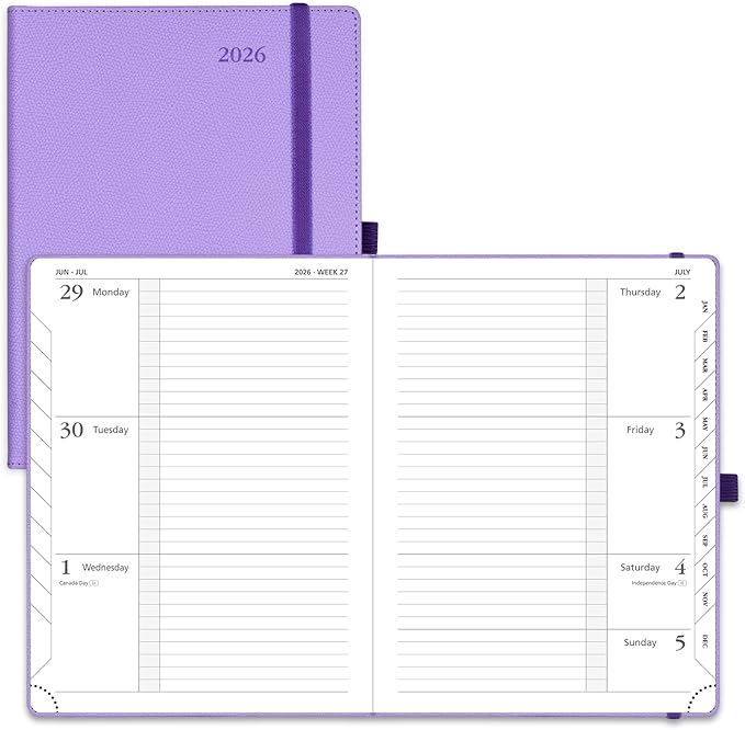 POPRUN 2026 Weekly & Monthly Planner Calendar, 6.75" x 8.75" Medium, Horizontal Layout with Lined Sections, Jan. 2026 - Dec. 2026, Leather Hardcover, 100GSM Paper, Inner Pocket - Lavender
