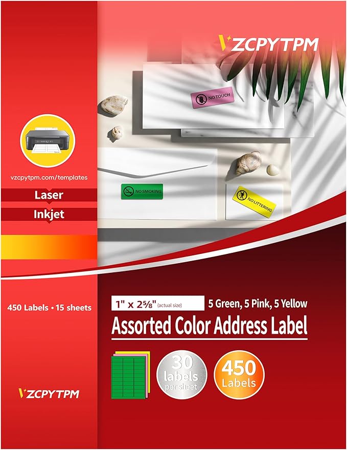 Printable Address Labels 1" x 2-5/8", 450 Total, 15 Sheets, Colored Labels for Laser & Inkjet Printer, Fluorescent Sticker Labels for Mailings, Folders, Organizing