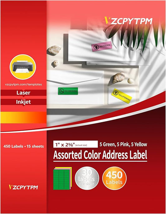 Printable Address Labels 1" x 2-5/8", 450 Total, 15 Sheets, Colored Labels for Laser & Inkjet Printer, Fluorescent Sticker Labels for Mailings, Folders, Organizing