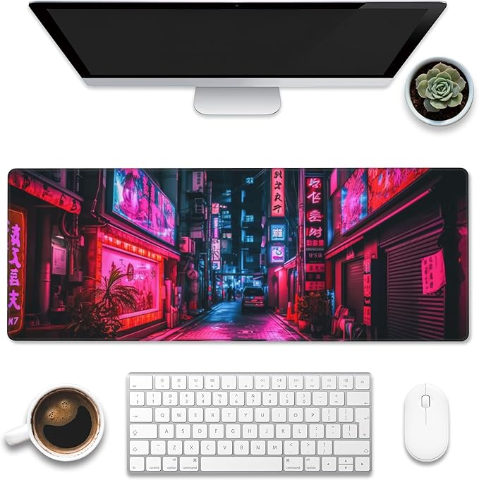 Desk Mat,Japanese Anime Neon Street Desk Pad,Anime City Large Gaming Mouse Pad for Desk,Extended Big Computer Keyboard Mouse Pad with Non-Slip Base and Stitched Edge,31.5"x11.8"