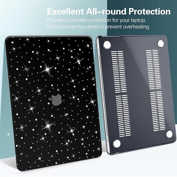 KEROM Diamond Case for MacBook Air 13 inch 2022-2018 M1 A2337 A2179 A1932, Luxury Bedazzled Bling Shiny Sparkle Glitter Texutured PU Leather Hard Shell Case & Keyboard Cover for Mac Air 13, Black