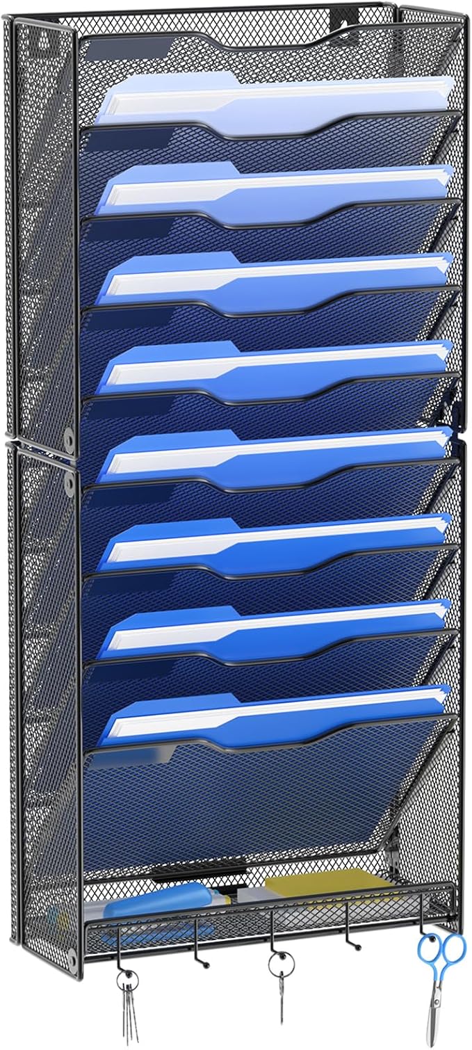 OUTWOLF 10 Tier Hanging Wall File Organizer Wall Mount Paper Document Folder Holder with Hooks for Home Office Organization