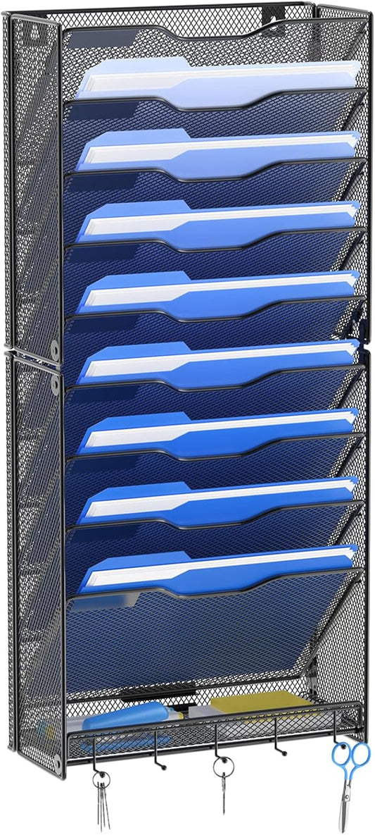 OUTWOLF 10 Tier Hanging Wall File Organizer Wall Mount Paper Document Folder Holder with Hooks for Home Office Organization