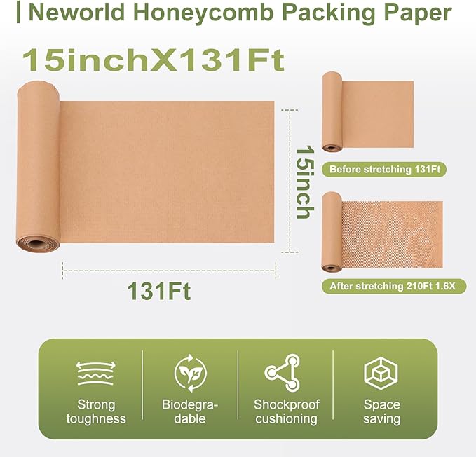 Neworld Honeycomb Packing Paper,15" x 131' Eco Friendly Bubble Cushioning Wrap for Moving,Products & Gifts Wrapping Paper,Recyclable Cushioning Packing Material With 20 Fragile Sticker Labels