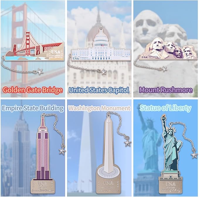 6 Pcs Silver Metal Bookmarks, Elegant Statue of Liberty America Famous Landmark Building Theme Bookmark for Women, USA Commemorate Bookmark Gift for Book Lovers Writers Readers Girls Teenage Children