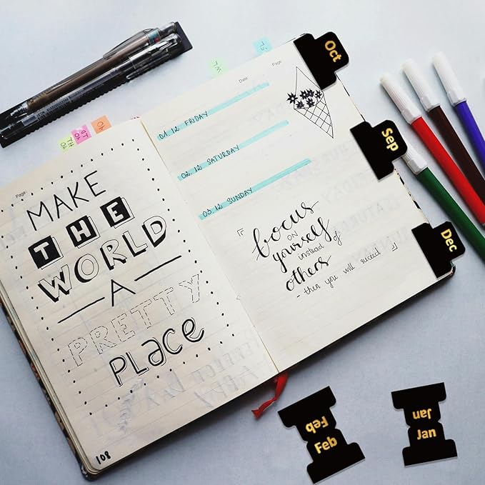 48PCS Adhesive Monthly Tabs for Planner, Black Monthly Index Stickers, Decorative Calendar Label Stickers for Office School Planner Journal Scrapbook Notebook School Accessories