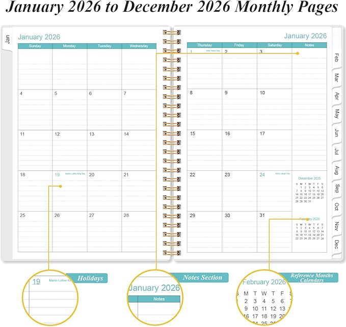 Planner 2026 - A5 Weekly & Monthly Planner Spiral Bound, January 2026 to December 2026, Planners 2026 with Flexible Cover, Tabs, Inner Pocket, 6.4" x 8.5", Teal Flowers