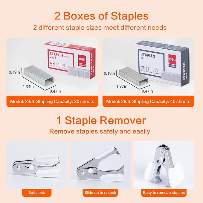 Deli Stapler, Effortless Staplers for Desk, 40 Sheet Capacity Heavy Duty, One Touch, No Effort, Easy to Load, with 2000 Staples & Staple Remover, Good for Office, Home Use, White