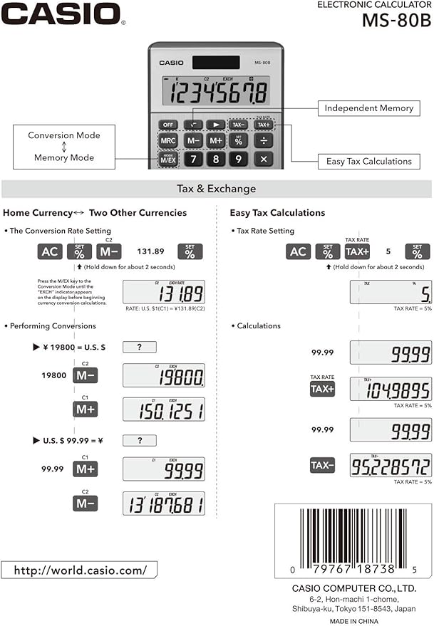 Casio MS-80B Calculator – Desktop Calculator with Tax & Currency Tools | General Purpose | Large Display | Ideal for Home, Office & Everyday Math