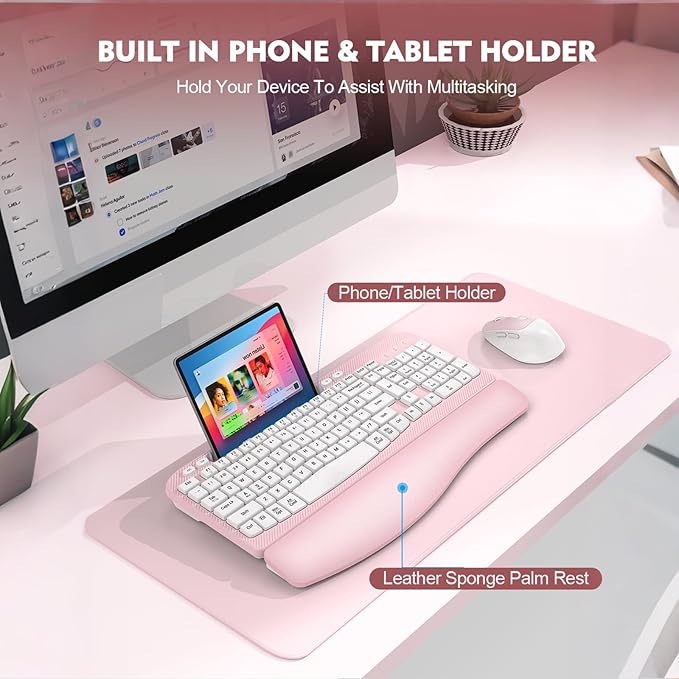 Wireless Keyboard and Mouse Combo, Wave Keys Full-Sized Ergonomic Keyboard with Cushioned Plam Rest, Phone Holder, Comfortable Natural Typing, 2.4G Cordless Set for Computer, Laptop, PC, Mac, Windows