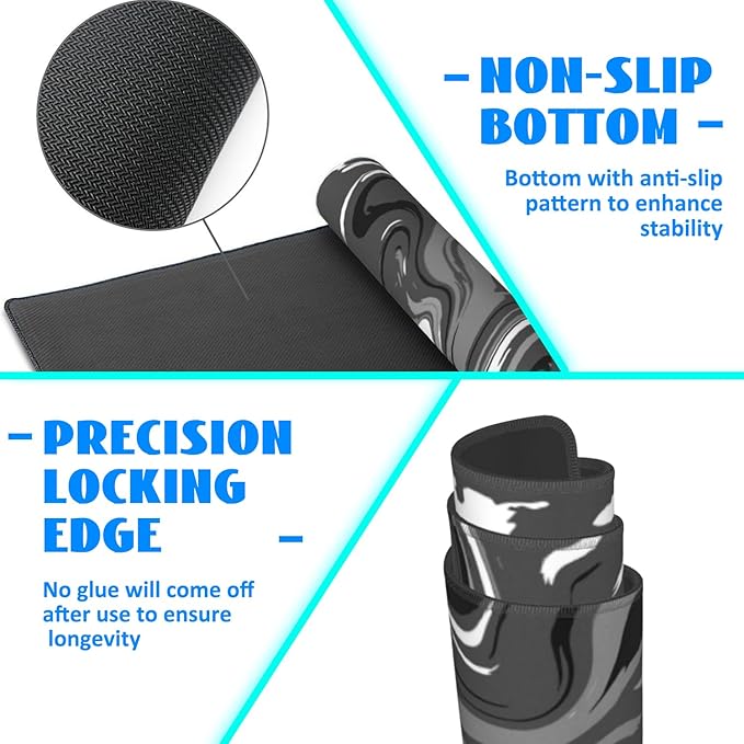 Desk Mat, Abstract Black White Ink Liquid Waves Extended Gaming Mouse Pad Large, 35.4"x15.7" Big Mouse Pad with Non-Slip Base and Stitched Edge, Long Computer Keyboard Mouse Mat for Home Office Work