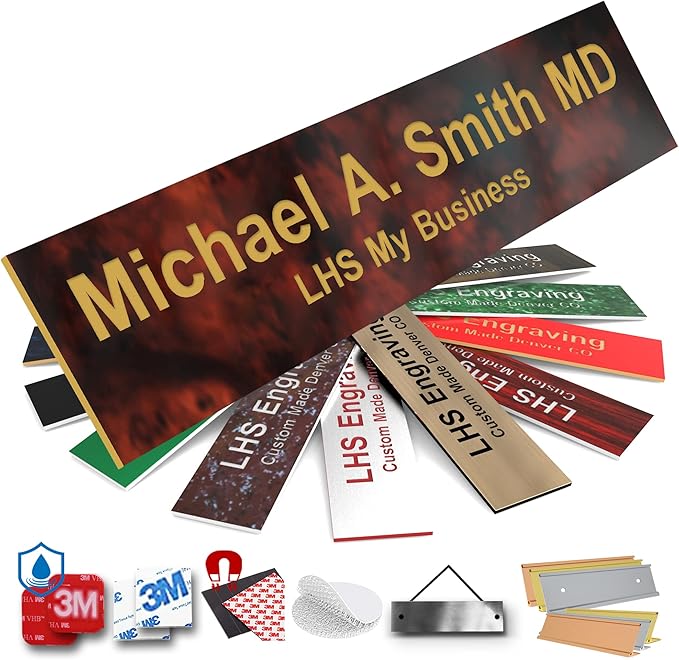 Engraved Name Plates for Door Sign Personalized Burlwood Plastic Plaque with Gold Letters - Made in USA 2x12 N2