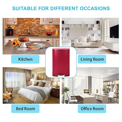 PayLessHere Stainless Steel Trash Can with Lid - Removable Inner Bucket, Foot Pedal, Soft Close for Office, Home, Kitchen (Red, 13 G)