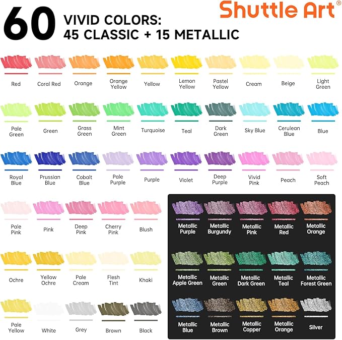 Shuttle Art 60 Colors Dual Tip Acrylic Paint Markers, Brush Tip and Fine Tip Acrylic Paint Pens for Rock Painting, Ceramic, Wood, Canvas, Plastic, Glass, Stone, Calligraphy, Card Making, DIY Crafts