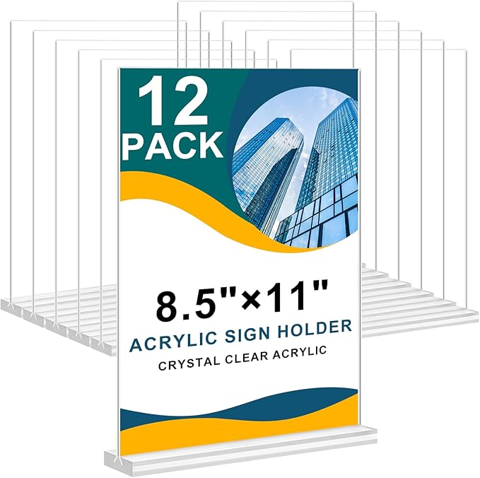 Arrobust Acrylic Sign Holder 8.5 x 11 Inches, 12 Pack Clear Display Table Top Signs Stand, Double Sided Vertical Flyer Holder ,Plastic Frames Paper Holder for Stores Home Office Menu Retail Show Fair