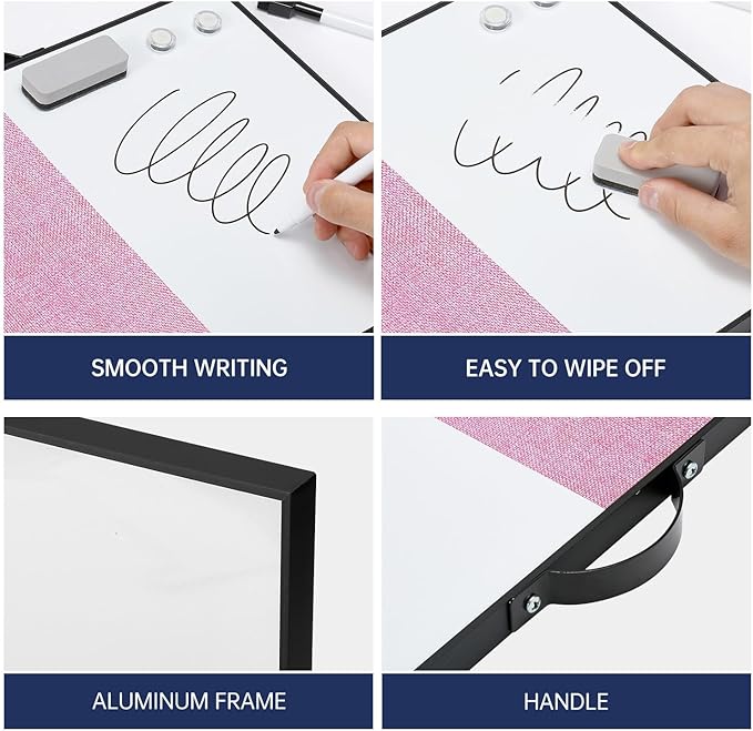 Small White Board Cork-Board Combo - 16 X 12 inches Pink Linen Board & Magnetic Dry Erase Board for Wall, Mini Bulletin Cork Board with Holder for Office, Home and School