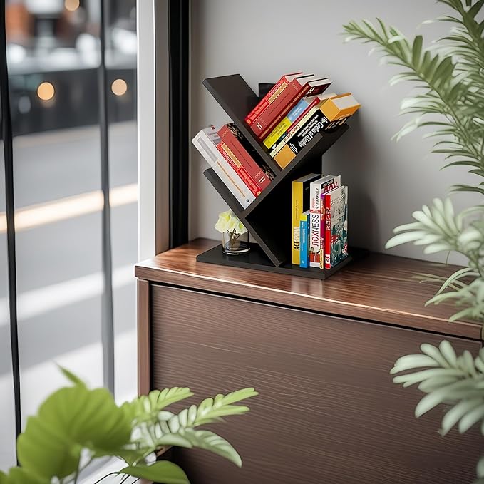 Godferyxin Tree Bookshelf, 3-Tier Wood Small Bookshelf and Mini Bookcase for Office, Home or School Desk Book Shelf for for Displaying Books, CDs, Magazines Wood Storage Rack