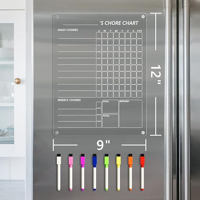Acrylic Magnetic Chore Chart for Kids, Clear Dry Erase Chores Chart for Fridge Refrigerator, Responsibility Reward Planning Board for Teens Family, w/ 8 Colors Markers, 12"x9"
