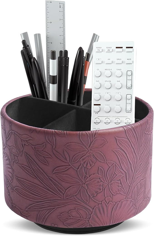 Hennaja Round Leather Art Supply Organizer,Remote Control Holder,360 Degree Spinning,Multi-Functional Pencil Holder,4 Compartments Desktop Stationary Organizer(1-Carved Dark Brown)