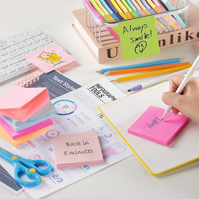 Sticky Notes 3x3 Inch Bulk 72 Pads - 12 Assorted Color Self-Stick Memo Pads for Students, Office, Home Organization Easy to Post for Planners, Fridge, Laptops (5400 Total Sheets)
