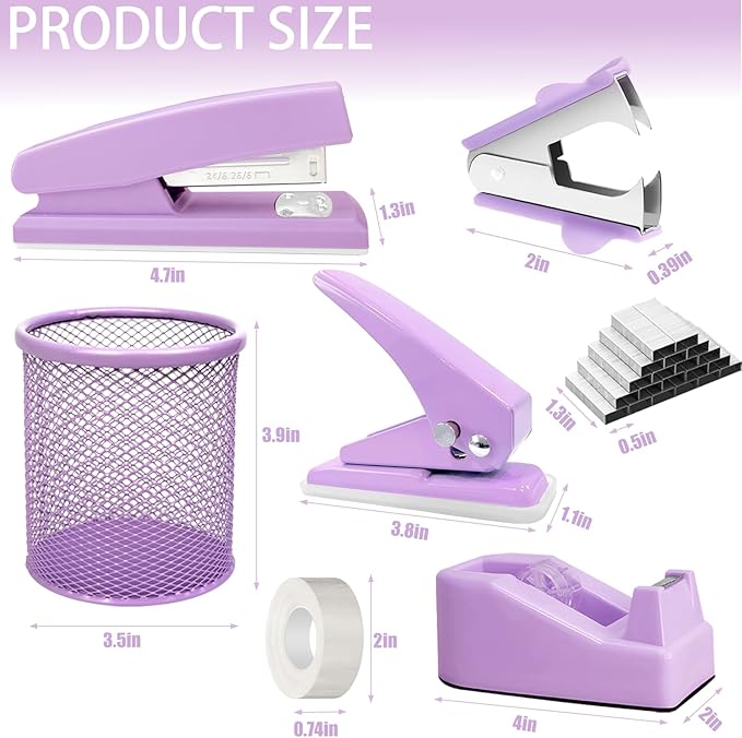 Purple Desk Accessories Set - 16 Pcs Purple Office Supplies with Stapler, Tape Dispenser, Pen Holder, Staple Remover, Hole Punch, Staples Aesthetics Desk Sets for Office, Home, School Women