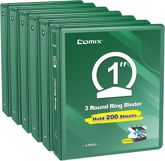 COMIX 3 Ring Binder 1 inch with Clear View Cover, 1" View Binder Holds 200 Sheets of US Letter Size Paper, 6 Pack (Green)