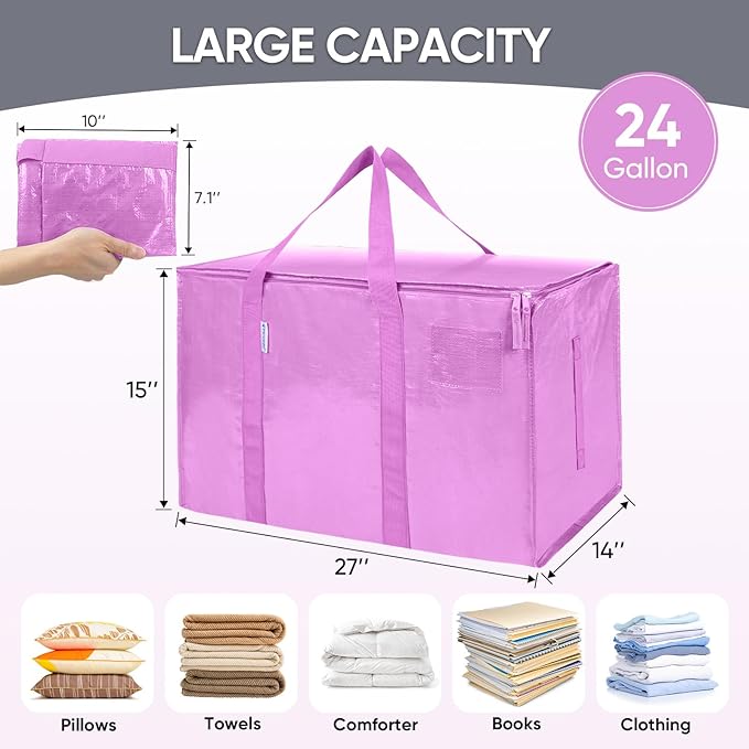 TICONN 6 Pack Extra Large Moving Bags with Zippers & Carrying Handles, Heavy-Duty Storage Tote Moving Boxes for Space Saving (6 Pack, Pink)