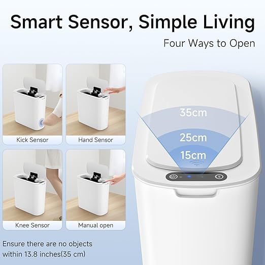 TIPGO Automatic Motion Sensor Bathroom Trash Can with Lid, 2.6 Gallon Touchless Trash Bin, Smart Garbage Can Plastic Slim Wastebasket for Bedroom, Office, Dorm (White)