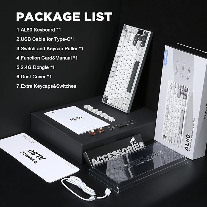 YUNZII AL80 Wireless Mechanical Keyboard,Full Aluminum CNC, Smart LCD Display,Hot Swappable Gasket Mount 75% Layout with Knob,BT/2.4G/USB-C,QMK/VIA Support for Win/Mac (Silver, Gateron Zero Switch)