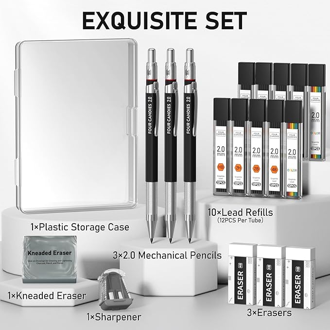 Four Candies 3PCS 2MM Mechanical Pencils with case, Artist Led Pencil Metal Lead Holder with 120 Graphite Lead Refills(HB 2H 2B 4B Color), 4 Erasers, Sharpener, Drafting Pencil for Drawing, Sketching