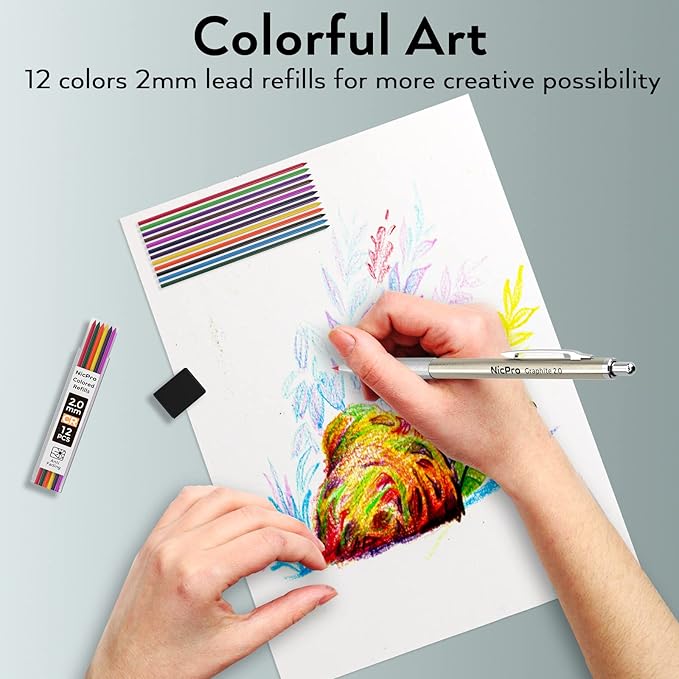 Nicpro 20PCS Metal Mechanical Pencil Set in Leather Case, 0.3 & 0.5 & 0.7 & 0.9 mm & 2mm Lead Pencil Holders, (4B 2B HB 2H) Lead Refills (Black & Colors), Erasers, For Art Drafting Sketching Drawing