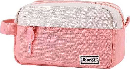 Sooez Big Capacity Pencil Case, Upgraded Canvas Pencil Pouch Large Pencil Bag Organizer, Separate Compartments Easy Grip Handle, Aesthetic Supply for School Teens Adults, Pink Pen Case