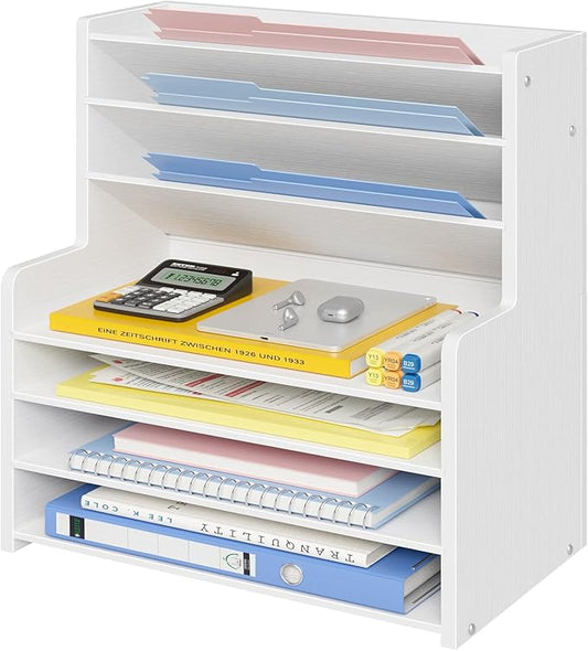 Wood Office Desk File Organizer - 7 Tier Desk Top Storage Shelf Stationary Workspace Organization Small Wooden Desktop Paper Tray,White