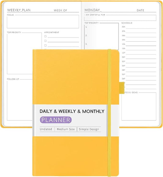 Undated Weekly Planner for 2025, Forvencer Simplified Daily & Weekly & Monthly Calendar Planner, Cute Daily Organizer Notebook, Agenda Journal to Track Goals & Tasks, Start Anytime, A5 Size, Yellow