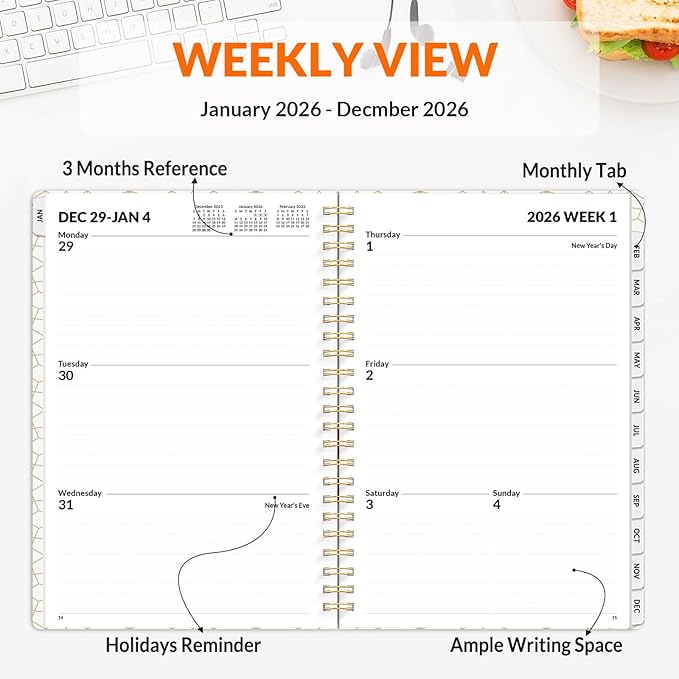 SUNEE 2026 Planner Weekly and Monthly Calendar Planner, January 2026-December 2026, Daily Agenda 6.4"x8.3", Tabs, Note Pages, Spiral Binding, Black