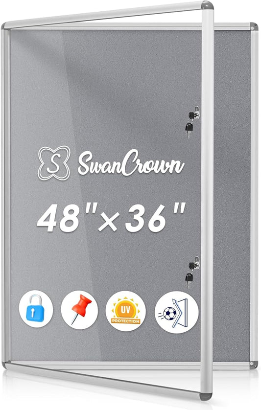 SWANCROWN Enclosed Bulletin Board 48x36 in, Tamperproof Lockable Grey Felt Board Wall Display Case for Office School Home, Aluminum Frame