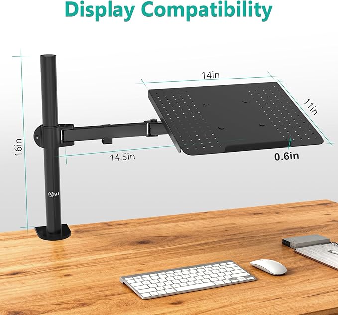 WALI Laptop Tray Desk Mount for 17inch Notebook, Fully Adjustable Laptop Arm up to 22lbs, Monitor Mount with Vented Cooling Platform Stand (M00LP), Black