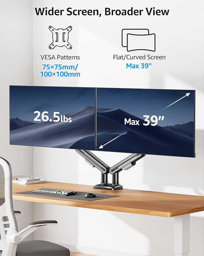 MOUNTUP Dual Monitor Mount Holds 4.4-26.5lbs, Heavy Duty Monitors Arm for 39 37 34 32 27inch, Gas Spring Monitor Stand for 2 Monitor, Height Adjustable Monitors Desk Mount with C-Clamp＆Grommet Base