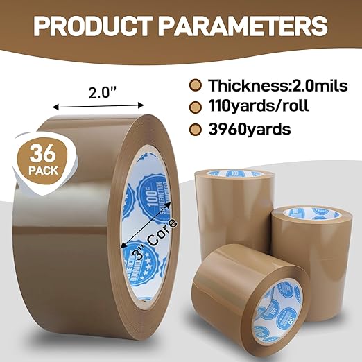 2Inch Brown Packing Tape, 2.0 Mils 110 Yards - High Tensile Strength for Shipping, Moving Boxes Sealing & Packaging, Superior Hold and Tear Resistance