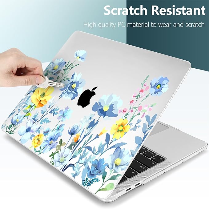 TWOLSKOO Compatible with MacBook Pro 13 inch Case 2023-2016 A2338 M2/M1 A2251 A2289 A2159 A1989 A1706, Plastic Hard Shell Cover & Keyboard Skin & Screen Protector, Blue Flowers