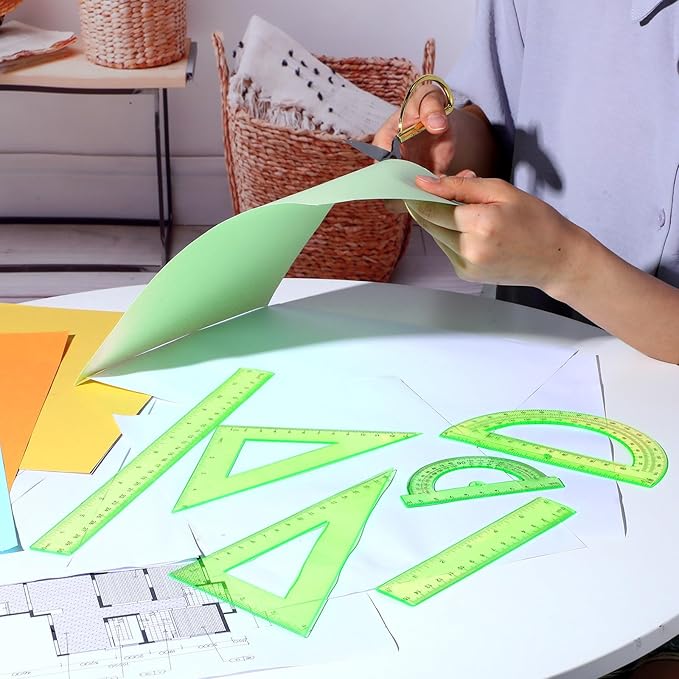 Tenare 6 Pcs Plastic Ruler Math Set Includes 12 Inch 6 Inch Straight Protractor Triangle Geometry Transparent Math Ruler Measuring Tools for School Office Home(Green)