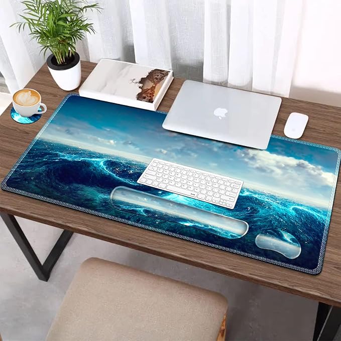 AIMSA Keyboard Mouse Pad Wrist Rest, Extended Gaming Mouse Pad +Wrist Support, Ergonomic Memory Foam,XXL Large Mousepad Easy Typing Pain Relief, 4Pcs (35×15.7 in) Desk Mat,Big Sea Waves