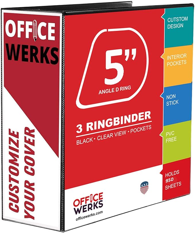 3 Ring Binders, 5" Capacity D-Rings, 8.5" x 11" Presentation Folder with Pockets, Durable Non-Stick Clear Cover for Documents, Files, Projects (Black)