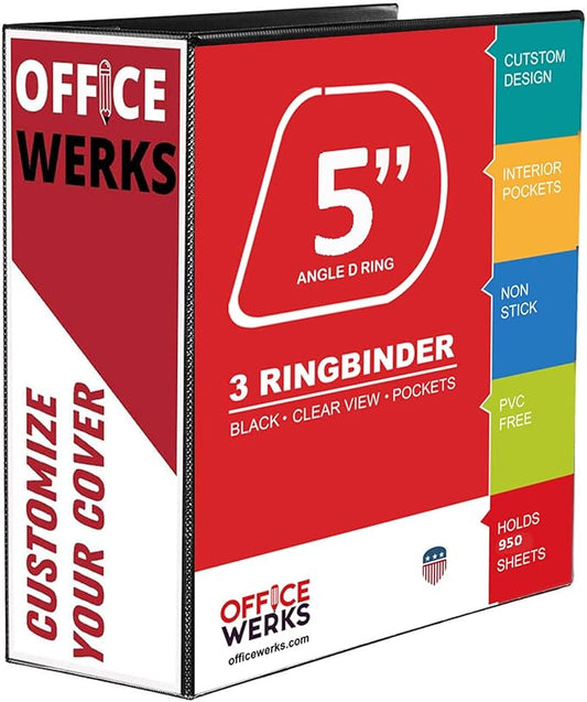 3 Ring Binders, 5" Capacity D-Rings, 8.5" x 11" Presentation Folder with Pockets, Durable Non-Stick Clear Cover for Documents, Files, Projects (Black)