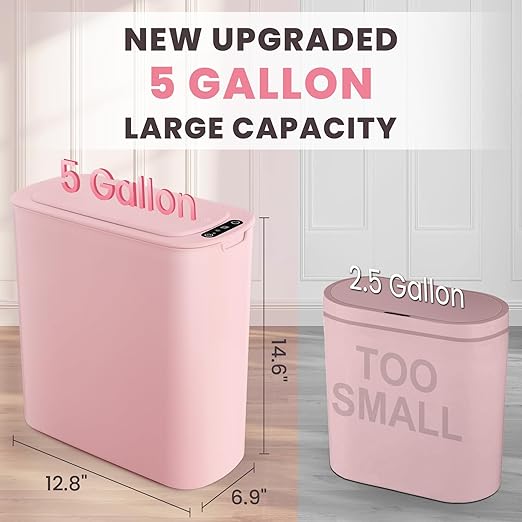 Cesun Motion Sensor Trash Can, 5 Gallon Automatic Bathroom Garbage Can with Lid, Touchless Smart Plastic Slim Wastebasket for Bathroom, Office, rv, Bedroom, Living Room, Pink