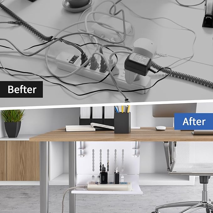 LUKETURE Desk Side Laptop Holder, Side Desk Laptop Holder with Cable Management Tray, 2 in 1 Steel Under Table Laptop Mount, Table Hanging Storage for Office and Home (White)