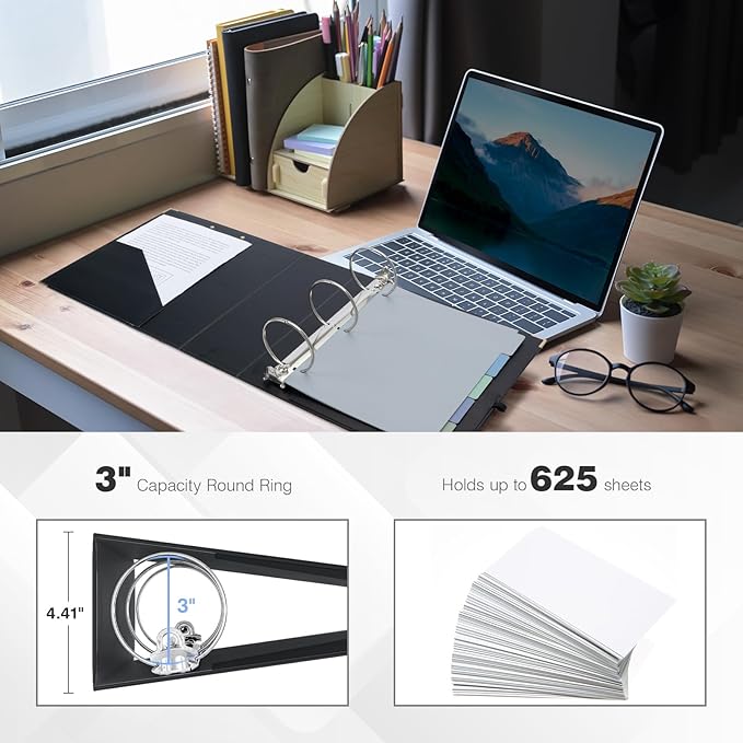 Ospelelf 3 Ring Binder, 3 Inch, Cute Letter Size (11" x 8.5") with 5 Tab Dividers, File Folder Labels and Low Profile Clipboards, Black Binder for School and Office Supplies