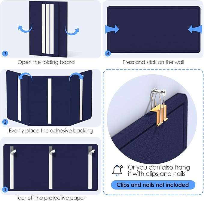 MaxGear Bulletin Board 35" x 17.5", Foldable Felt Board Vision Board Supplies, Cork Board for Office, Home, School, Small Pin Boards for Walls Decorative Picture Framed Display Board Dark Blue