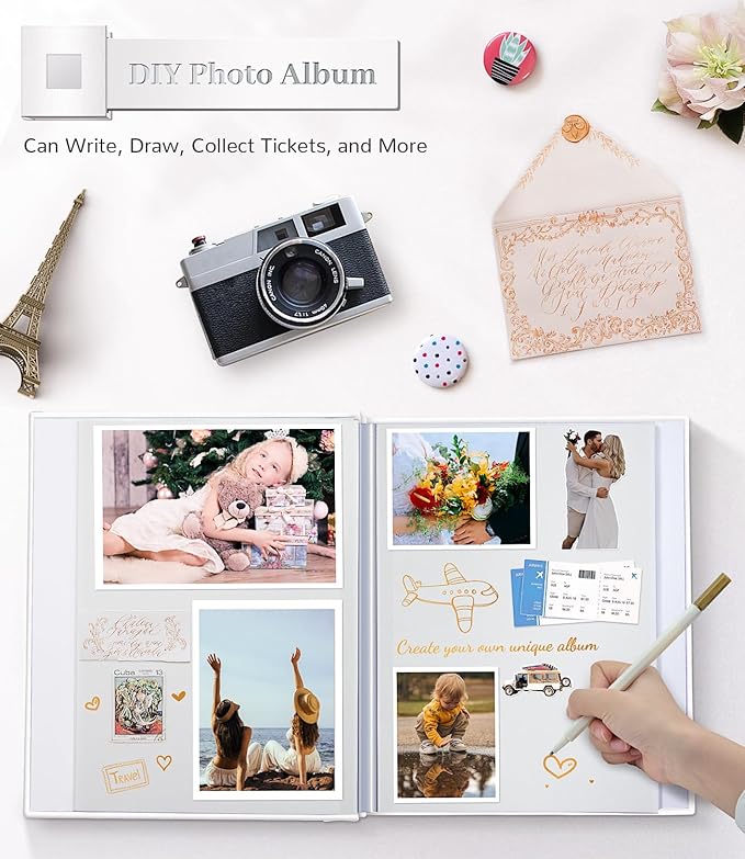 Photo Album Self Adhesive Scrapbook Album for 3x5 4x6 5x7 8x10 Pictures,60 Pages Linen Cover with Display Window DIY Photo Book,Ideal Gifts for Family Travel Wedding Baby