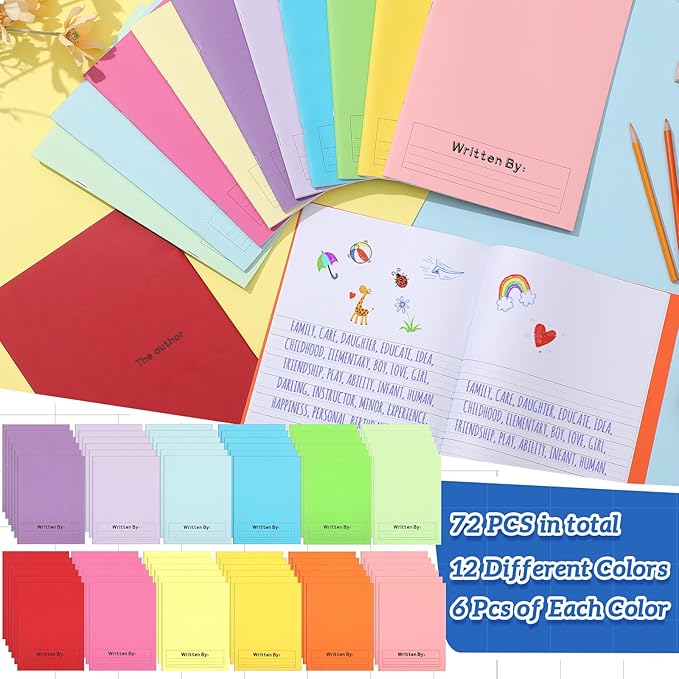 Henoyso 72 Pcs Primary Composition Notebook K-2 9 3/4 x 7 1/2 Inch Primary Journal, Back to School Supplies, Bulk Blank Writing Book for Kid to Write Draw Journal 60 Page Notebooks (Vibrant Color)